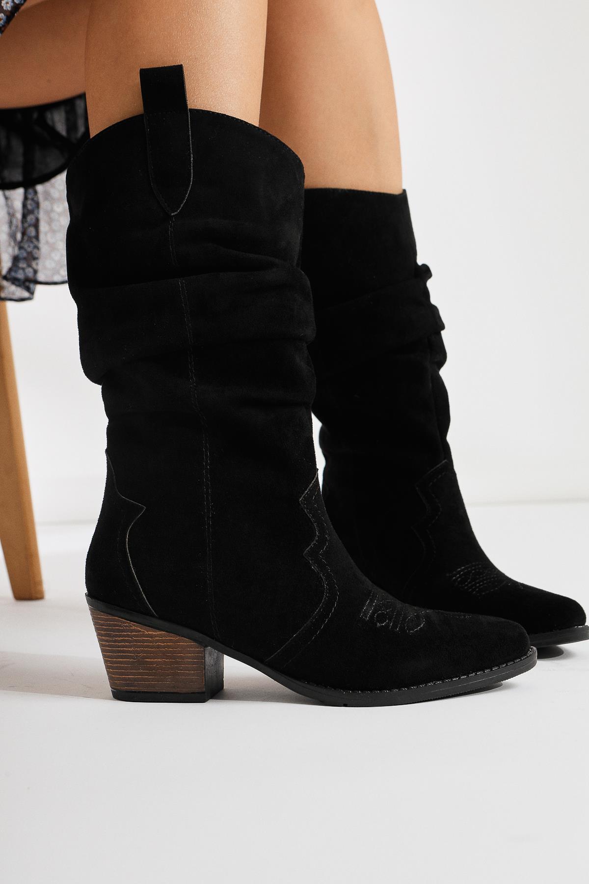 Lise-Britt Black Suede Gusseted Embroidered Western Boots