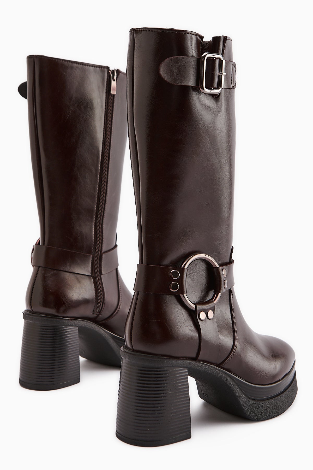 Beris – Burgunder kniehoher Stiefel mit Schnallen-Detail, Plateau und Absatz (Damen)