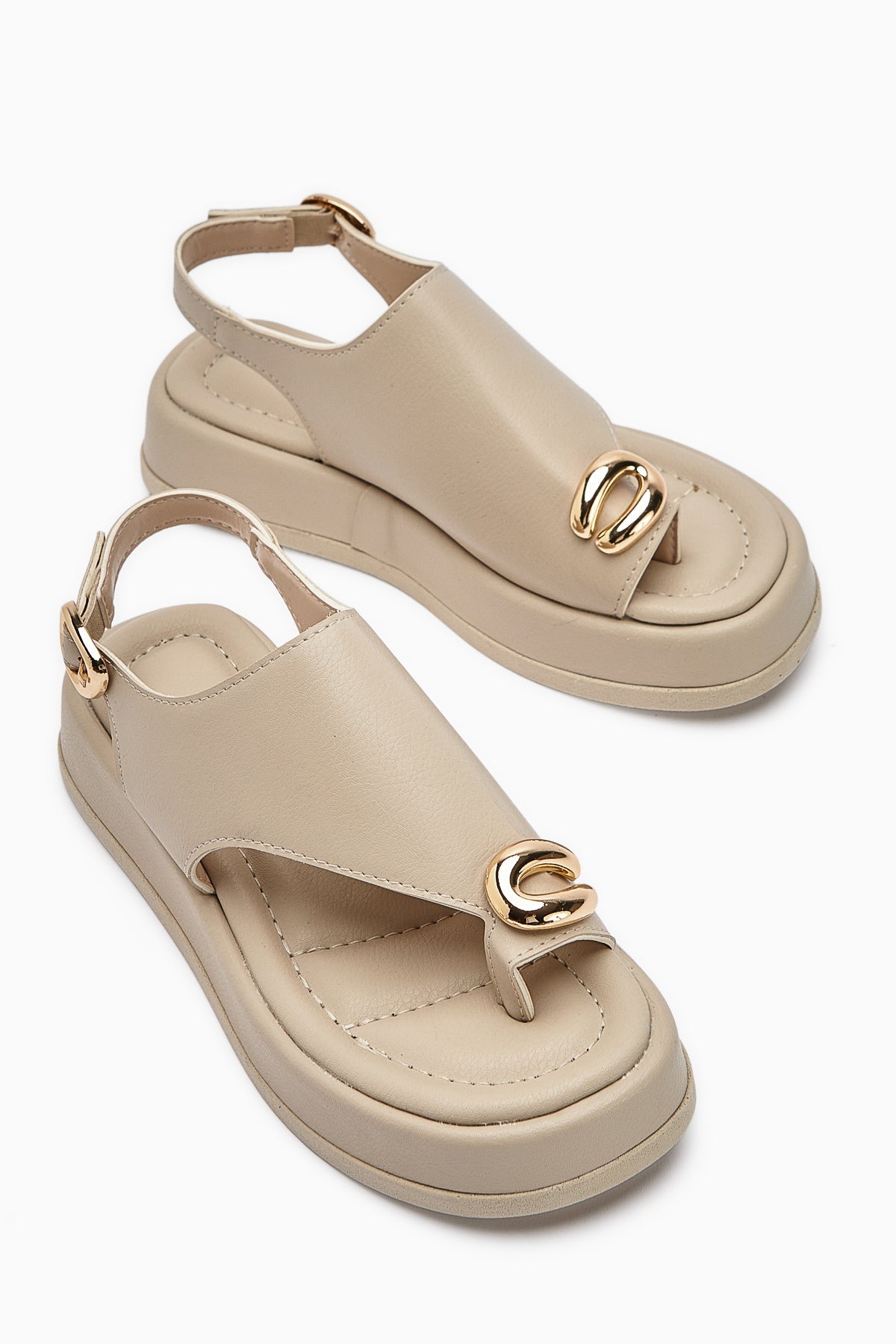 Troya Beige Zehensteg-Schnalle Damen Sandalen