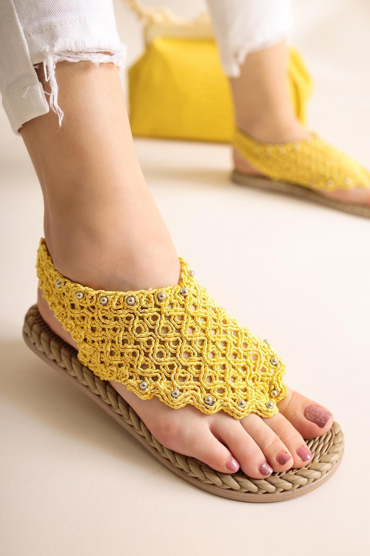 Blythe Yellow Knit Stone Detailed Eva Soled Sandals