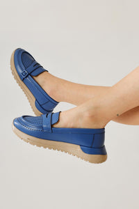 Zain Blue Laser Perforated Buckle Detailed Ballerinas
