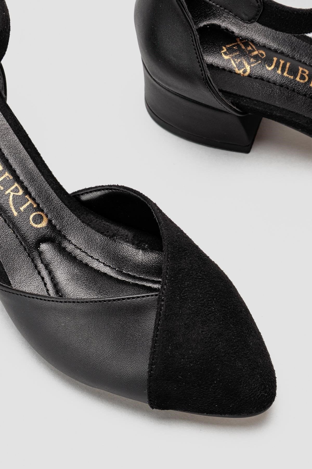 Jannie Black Pointed Toe Ankle Strap Low Heel Sandals