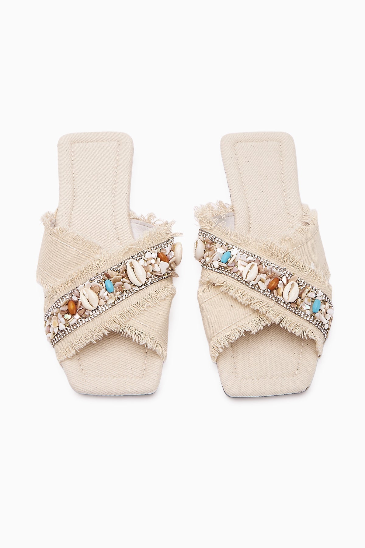 Felisa Beige Stone and Sea Shell Embellished Bohemian Women's Slippers