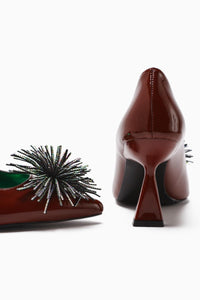 Choi Claret Red Patent Leather Pointed Toe Stone Tassel Detailed Heeled Women's Shoes