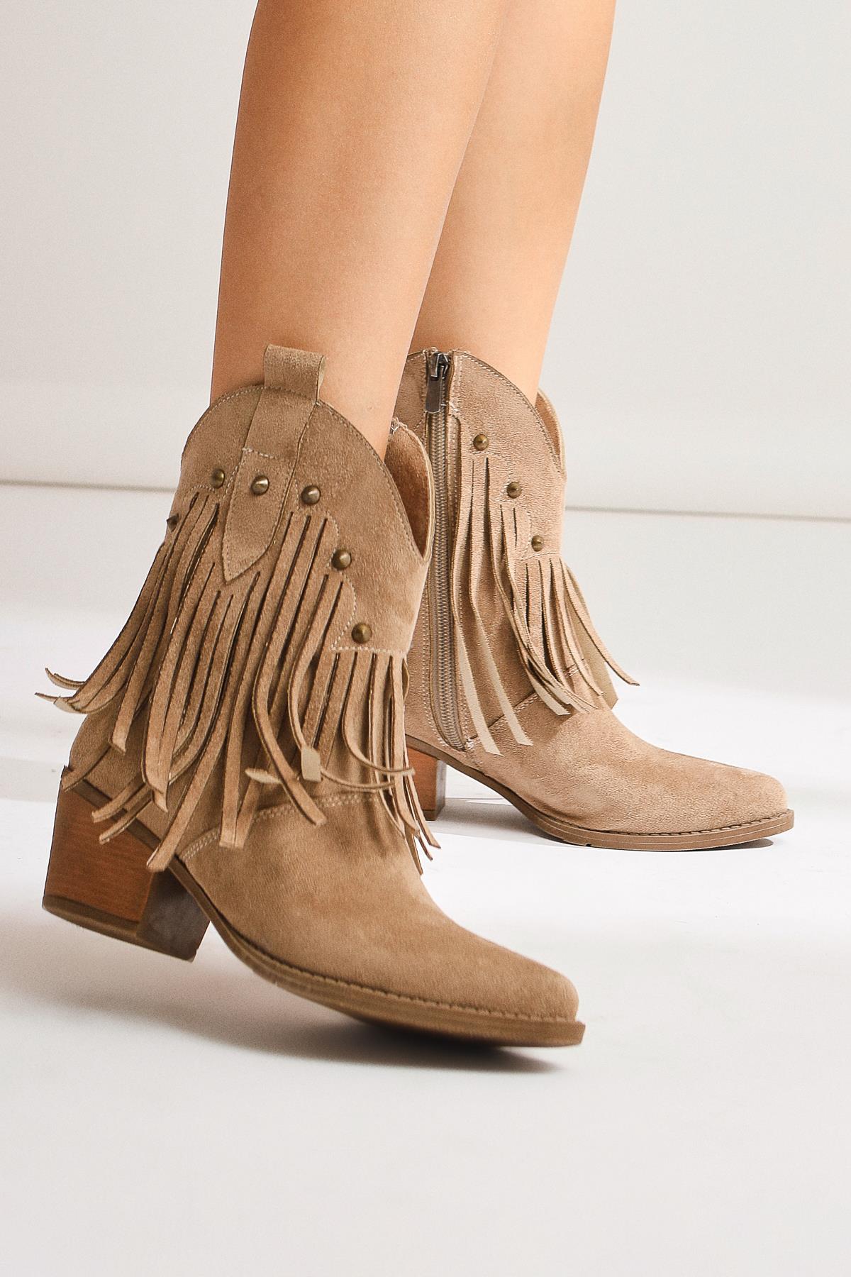 Lillebeth Mink Suede Tassel Stud Detail Western Boots