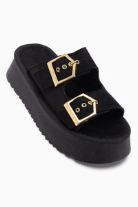 Jenet Black Suede Double Strap Women’s Slippers