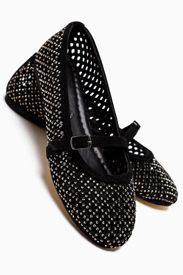 Nicole Schwarzes Wildleder Oval Toe Perforierte Stein Detail Einzelriemen Freizeitschuhe für Damen