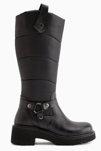 Katrin Black Metal Buckled Women's Biker Boot