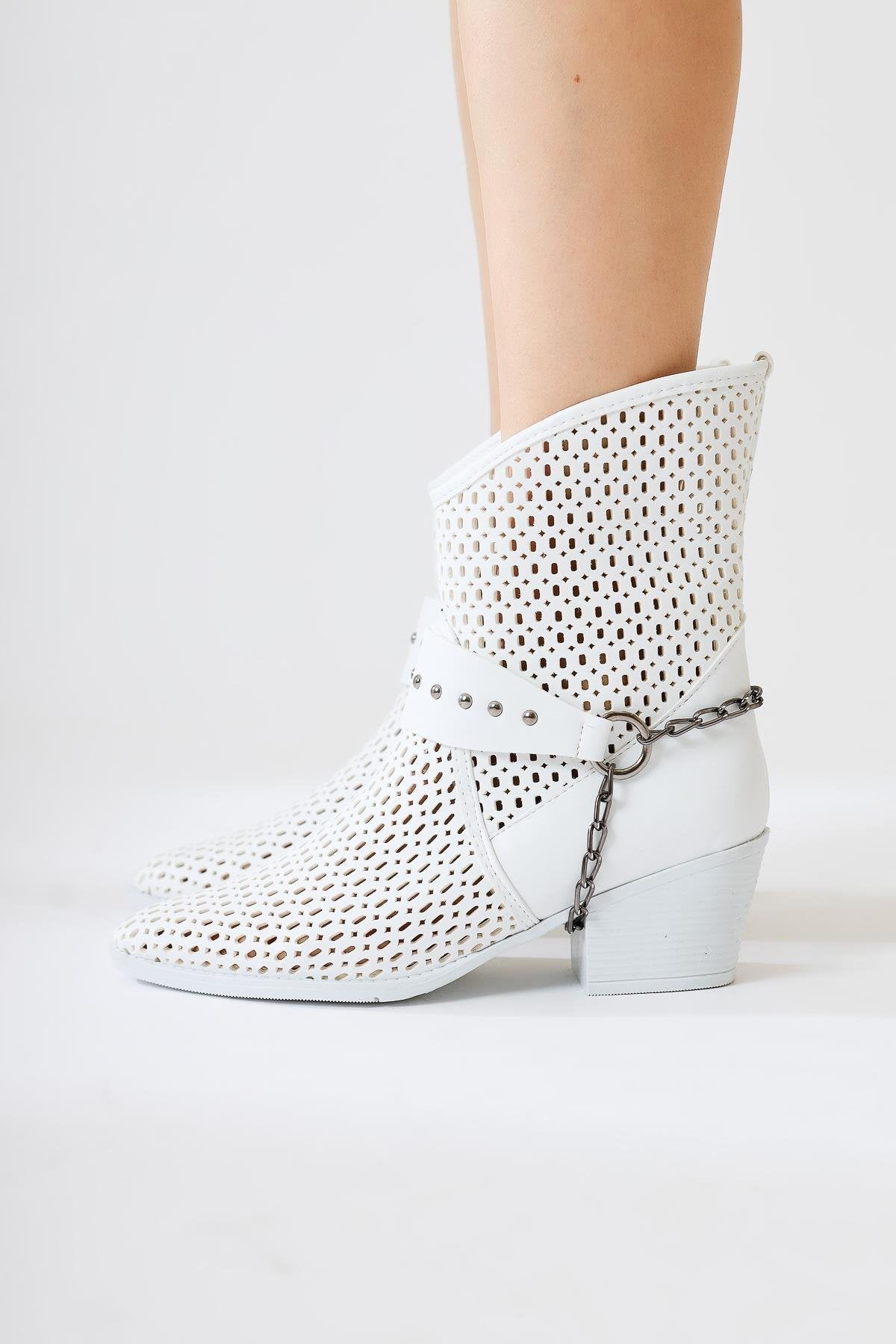 Olinda White Laser Cut Pointed Toe Chain Detail Summer Western Boots