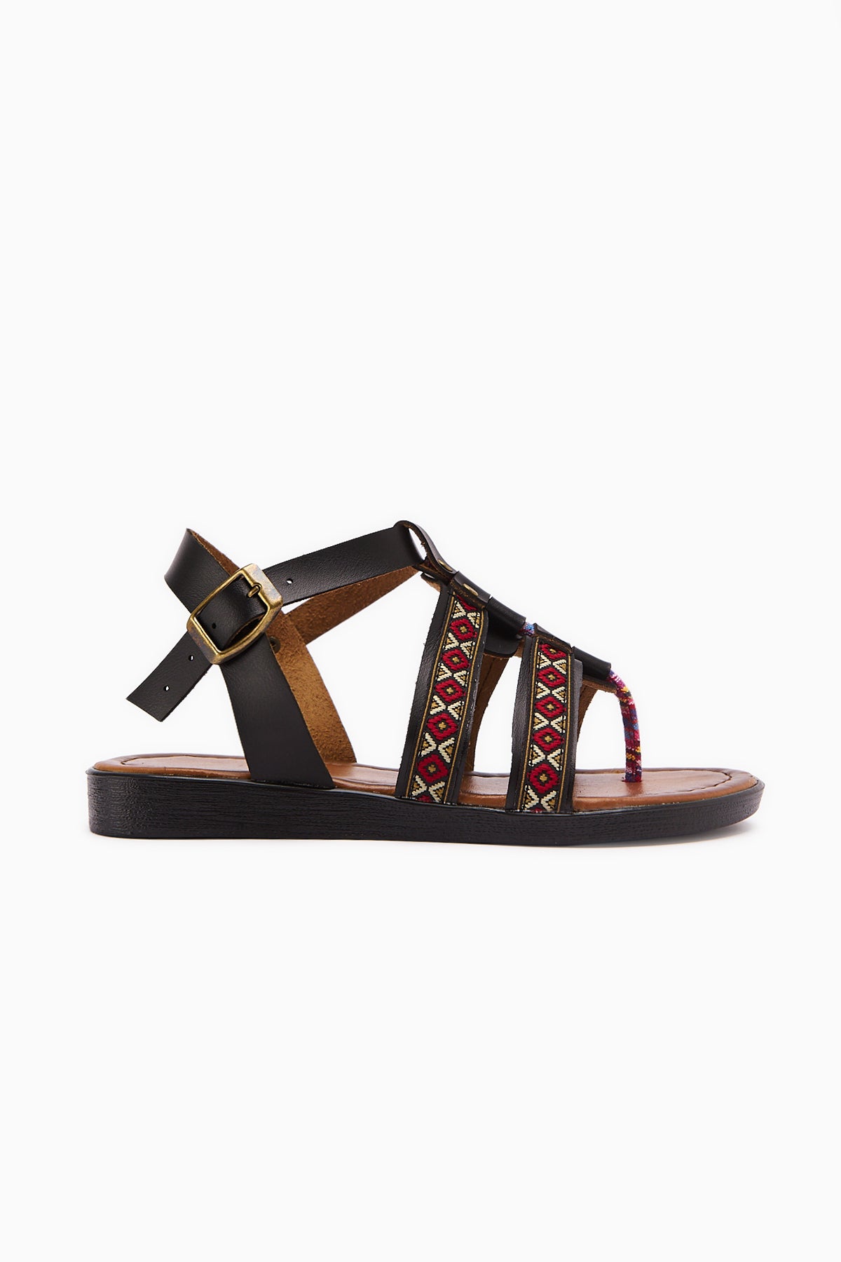 Echtes Leder Gabrielle Schwarz Verstellbare Etnische Muster Flach Damen Sandale