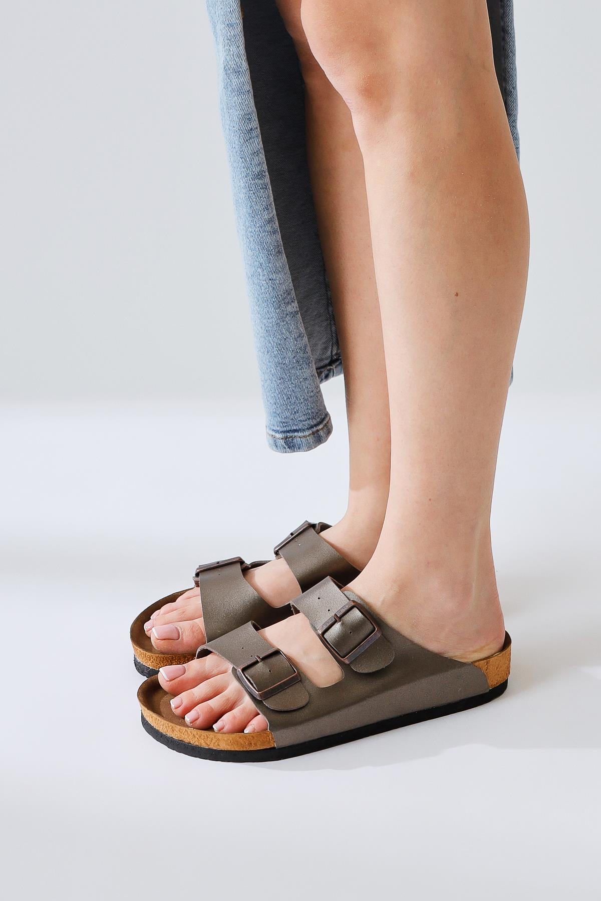 Genuine Leather Beti Platinum Double-Strap Slippers
