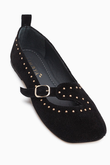Nella Echtes Leder Schwarz Schnalle Quadrat Zehen Damen Ballerinas