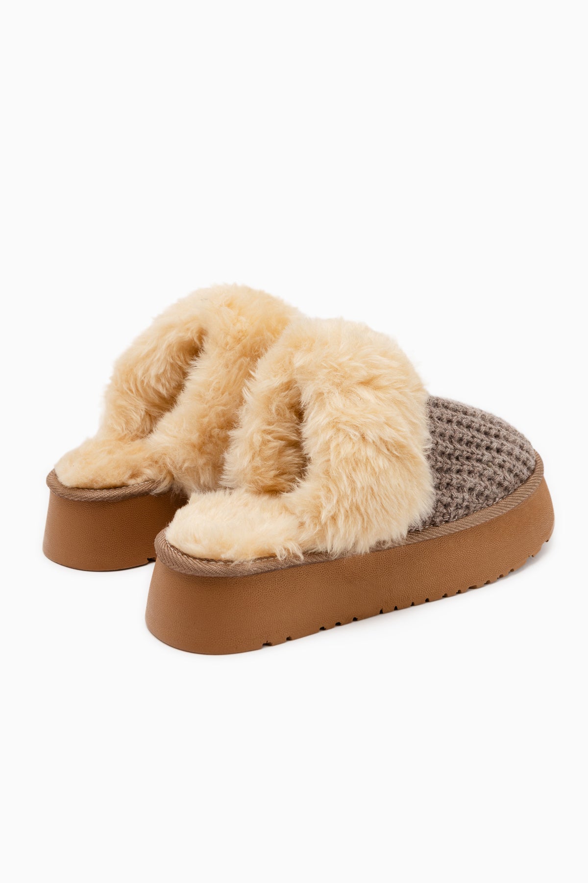 Mariza Beige Plush Knit Fur Lined Women’s Slippers