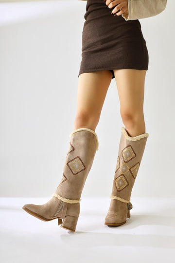 Hilka Mink Suede Removable Ankle Boots with Ethnic Patterns