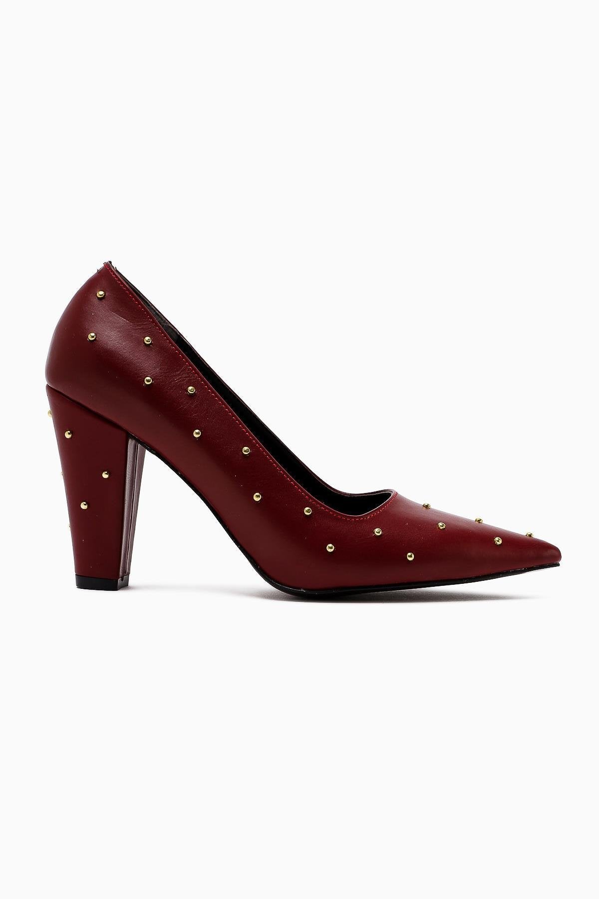 Audrey Claret Red Pointed Toe Studded Detailed Heeled Women's Shoes