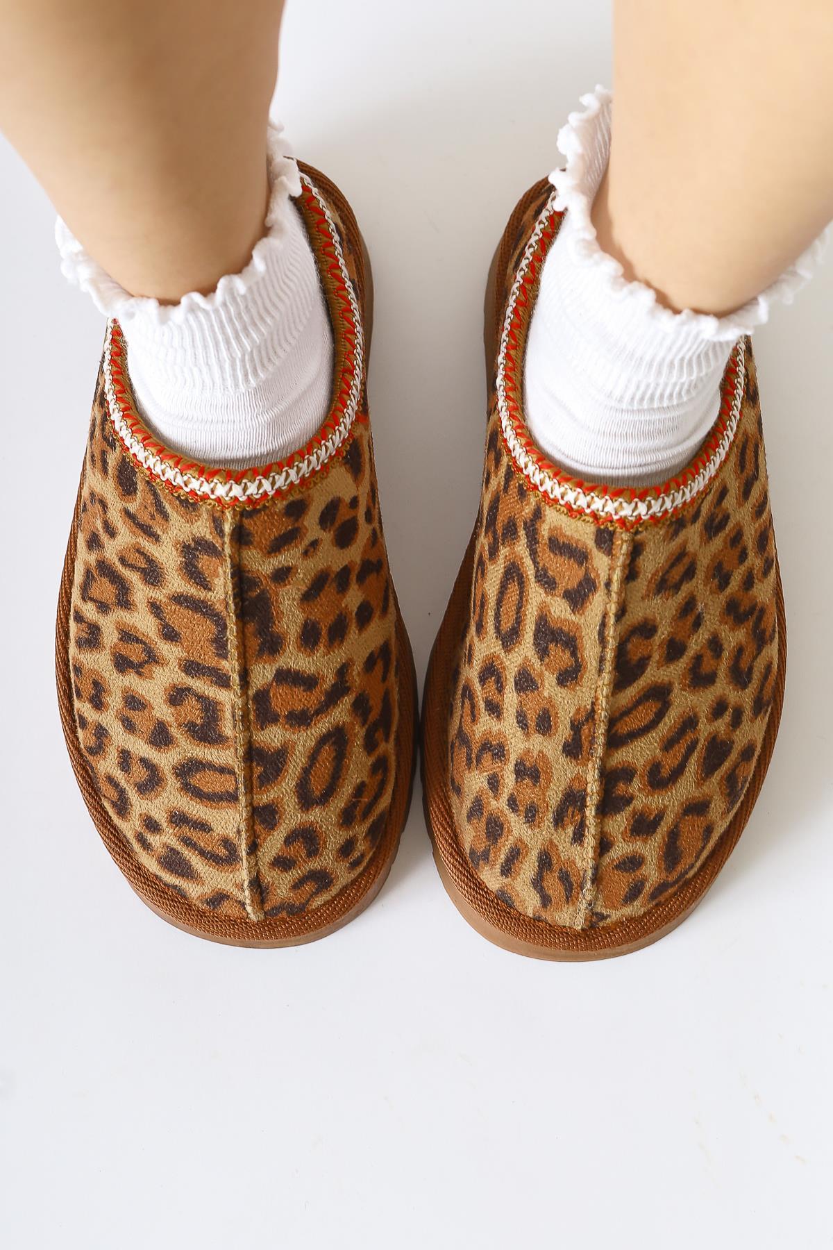 Anne-Liis Leopard Patterned Suede Woven Detailed Winter Slippers
