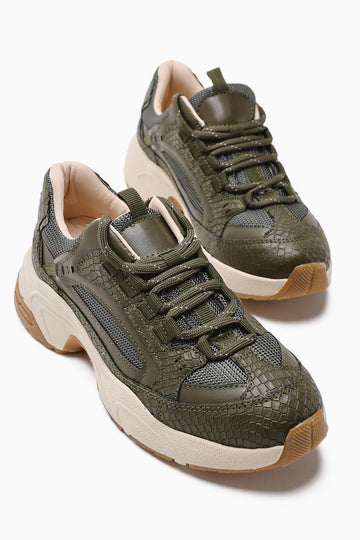 Caisa Olive Textil Detail Schnür Damen Sneakers