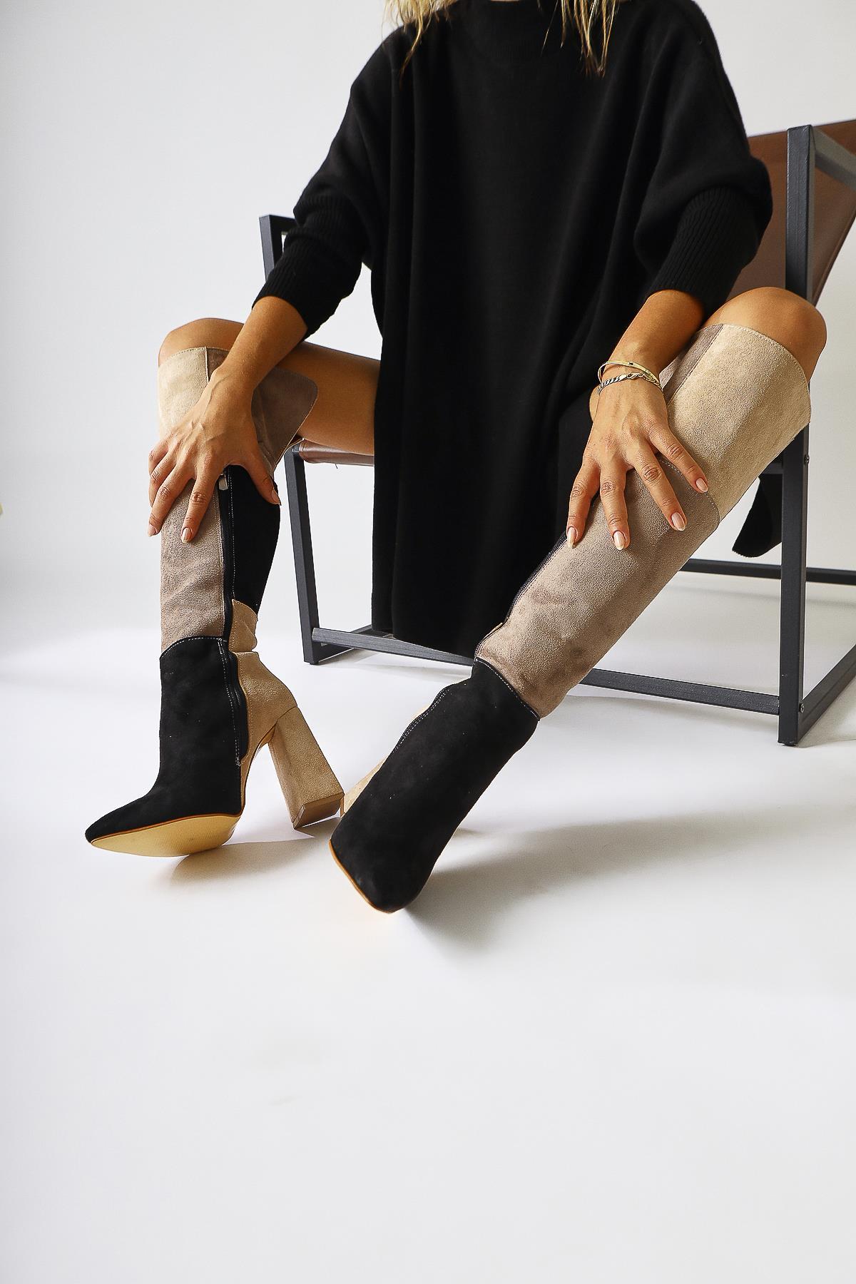 Kamiyah Schwarz Beige Overknee-Stiefel