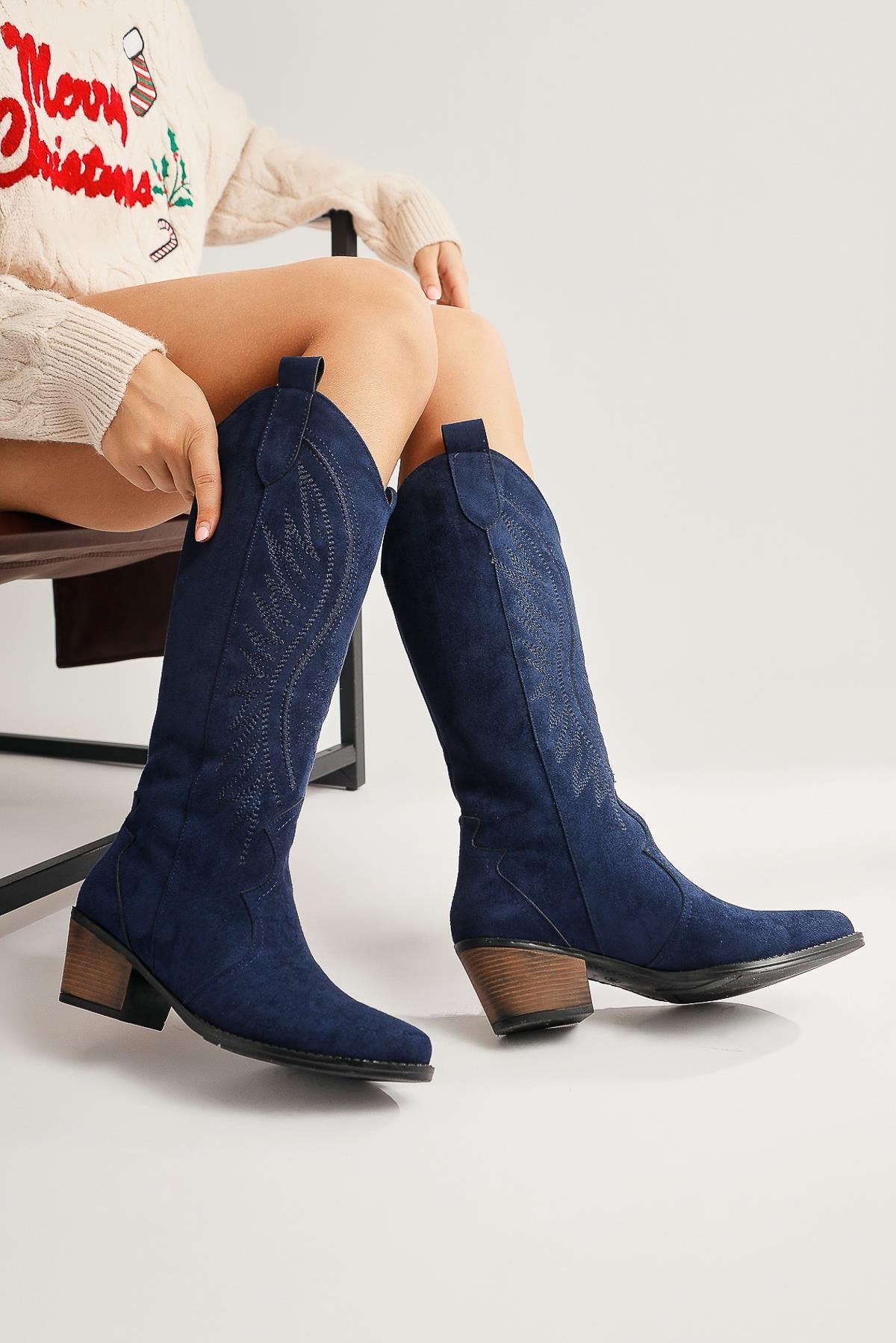 Hero Navy Suede Embroidered Cowboy Boot