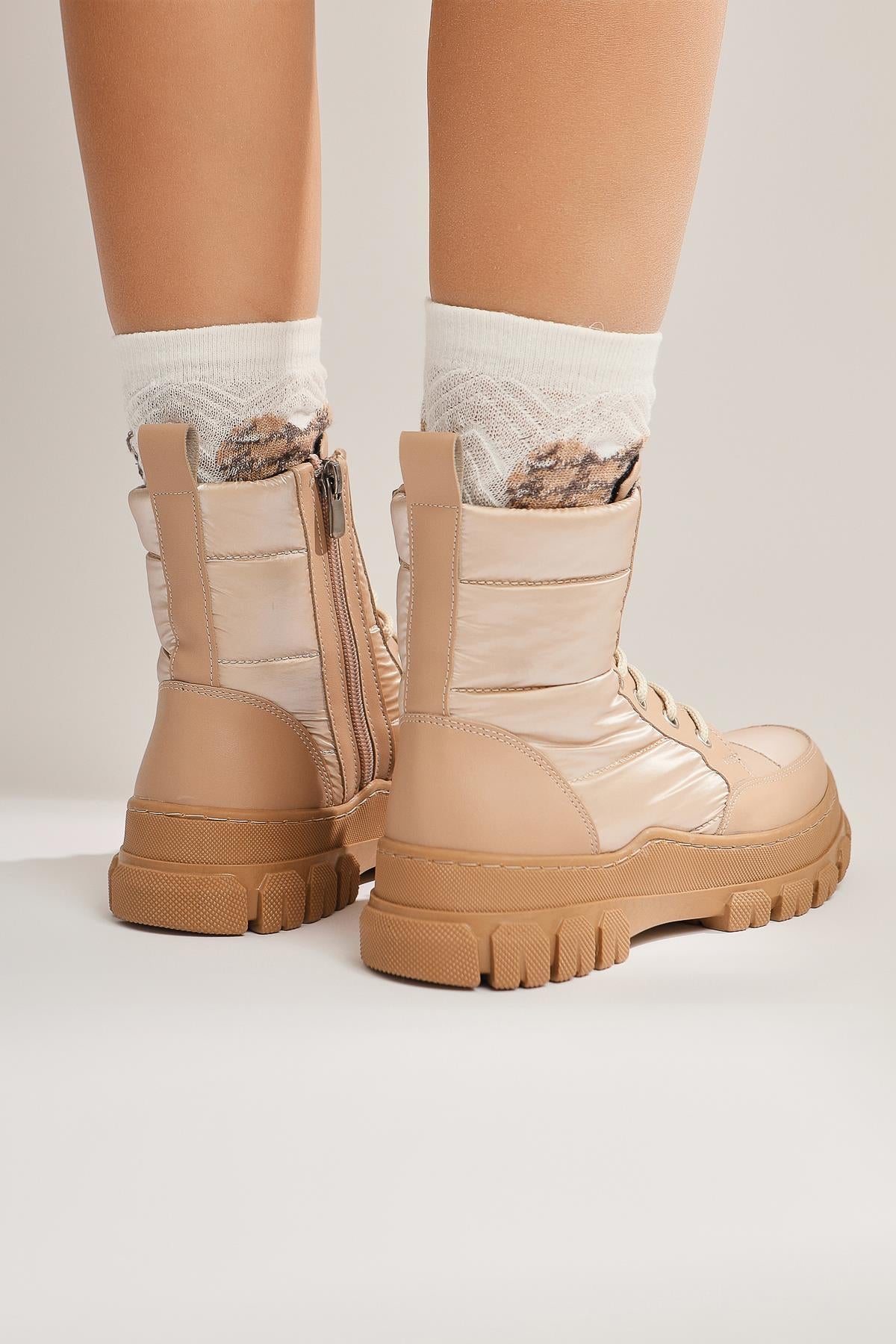 Meredith Beige Fluorescent Fabric Detailed Lace-Up Boots