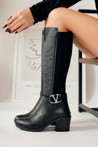 Sayna – Schwarz kniehoher Stiefel mit Neopren-Detail und elastischem Schaft (Damen)