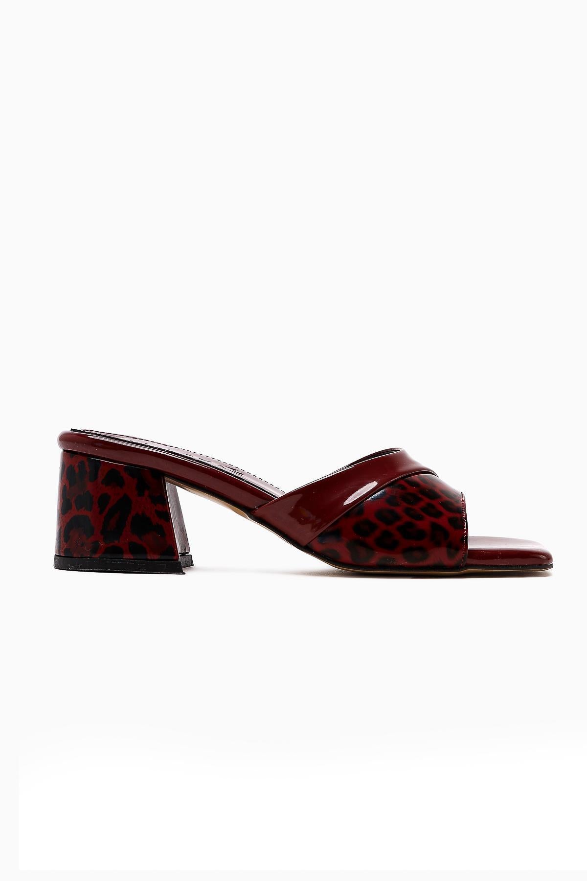 Morena Claret Red Patent Leather Leopard Detailed Short Heeled Women's Slippers