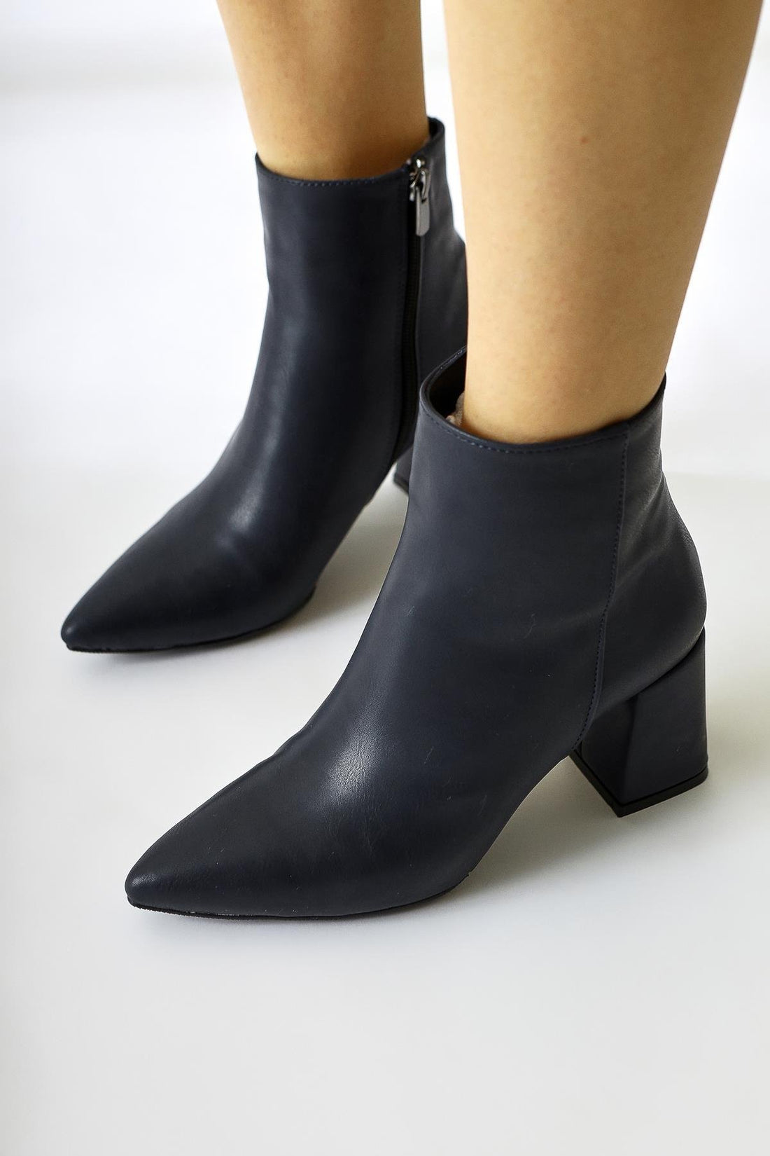 Ann Karin Navy Blue Pointed Toe Zippered Heeled Boots