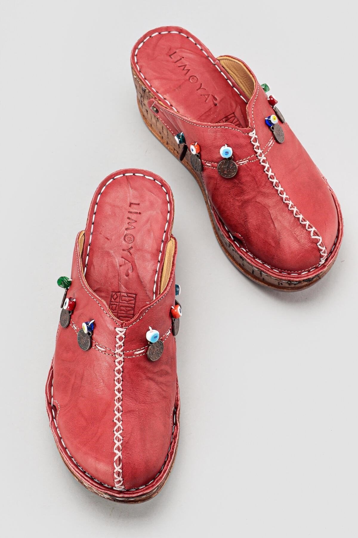 Genuine Leather Annika Claret Red Antique Detailed Filled Sabo Slippers