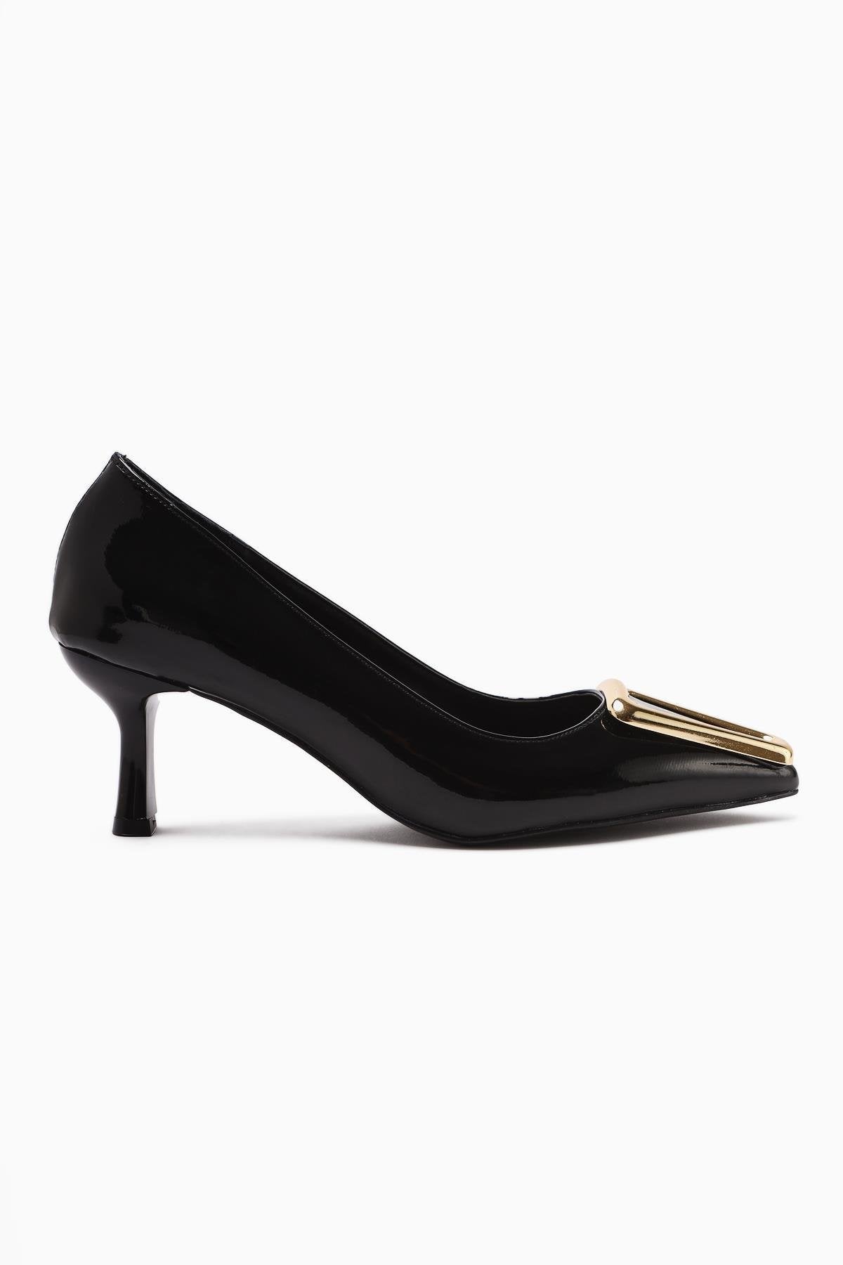 Carla Beige Patent Leather Pointed Toe Buckle Detailed Heeled Women's Shoes