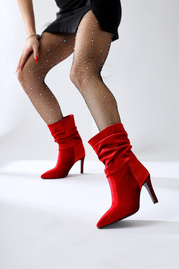Wilma Red Velvet Gusseted Stiletto Heel Boots