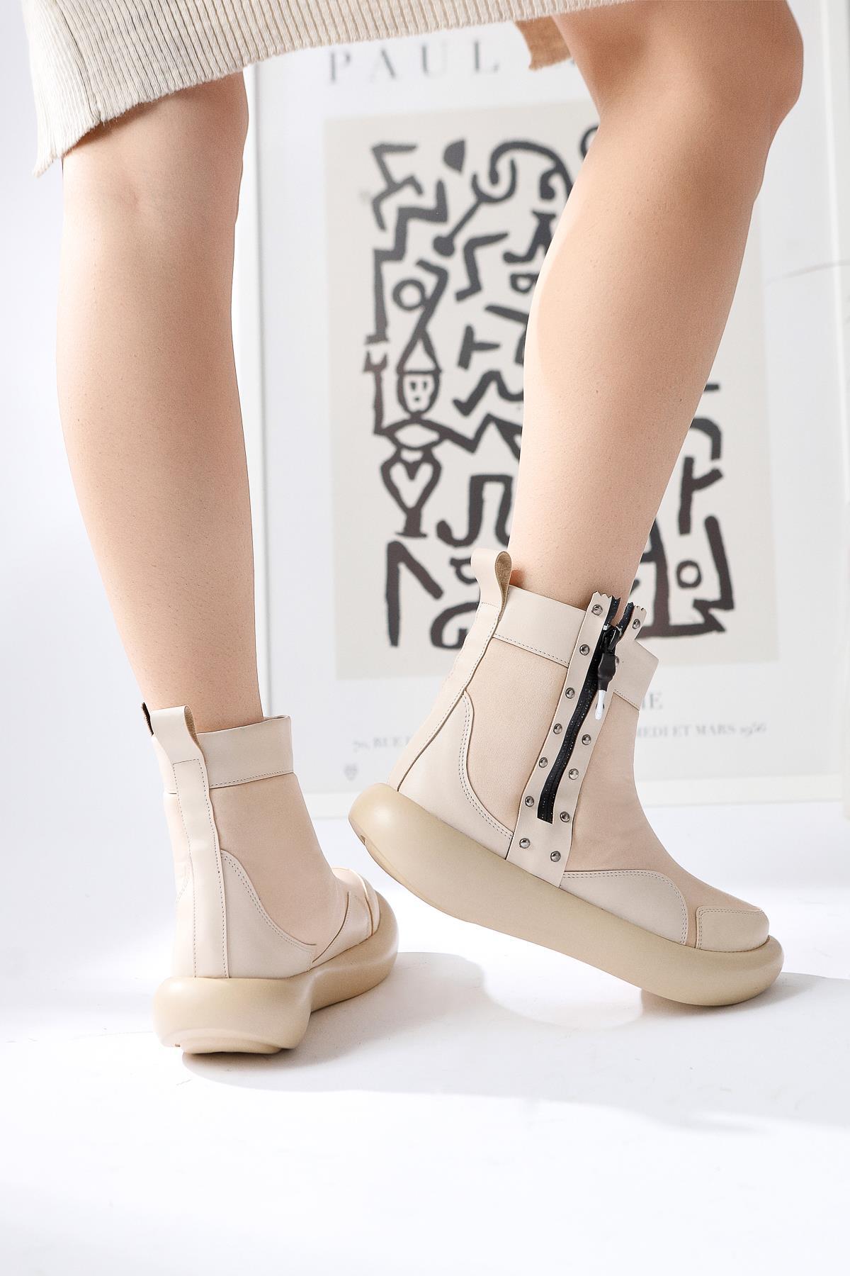 Maeda Beige Diving Fabric Stud and Zipper Detailed Boots