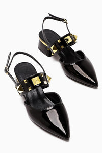 Nicoline Black Patent Pointed Toe Pyramid Studded Thick Strap Short Heeled Women’s Shoes