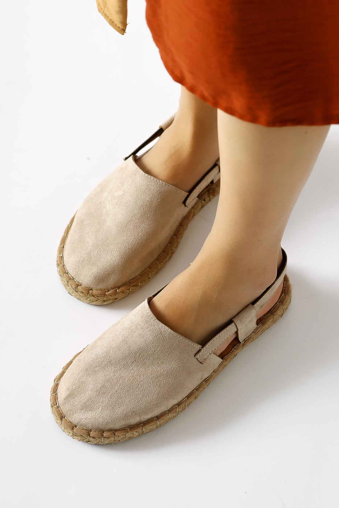 Belina Beige Suede Closed Toe Straw Soled Sandals