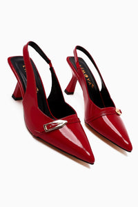 Camillas Red Patent Leather Pointed Toe Buckle Detailed Women's High Heel Shoes