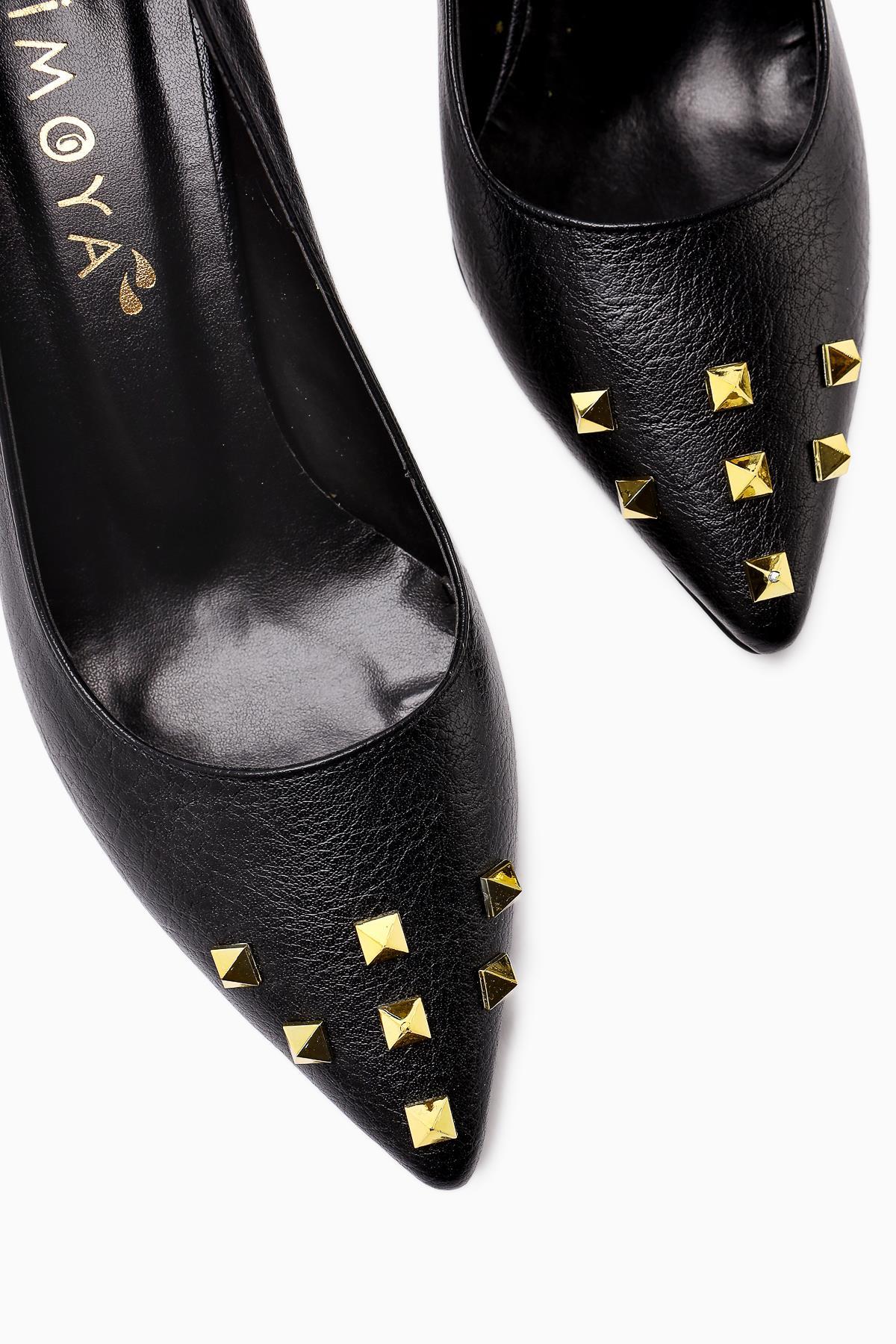 Anni Black Creased Patent Leather Pyramidal Studded Heeled Women's Shoes