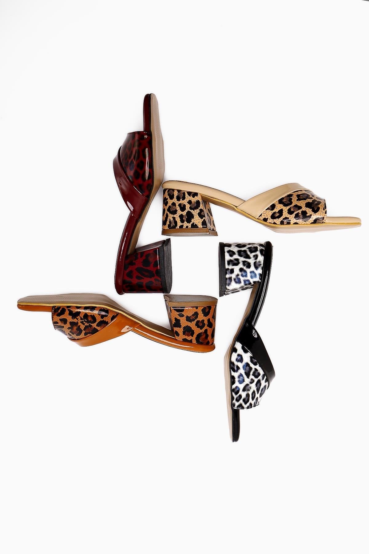Morena Claret Red Patent Leather Leopard Detailed Short Heeled Women's Slippers