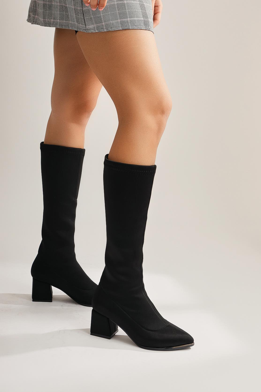 Anastazija Beige Pointed Toe Scuba Fabric Boot