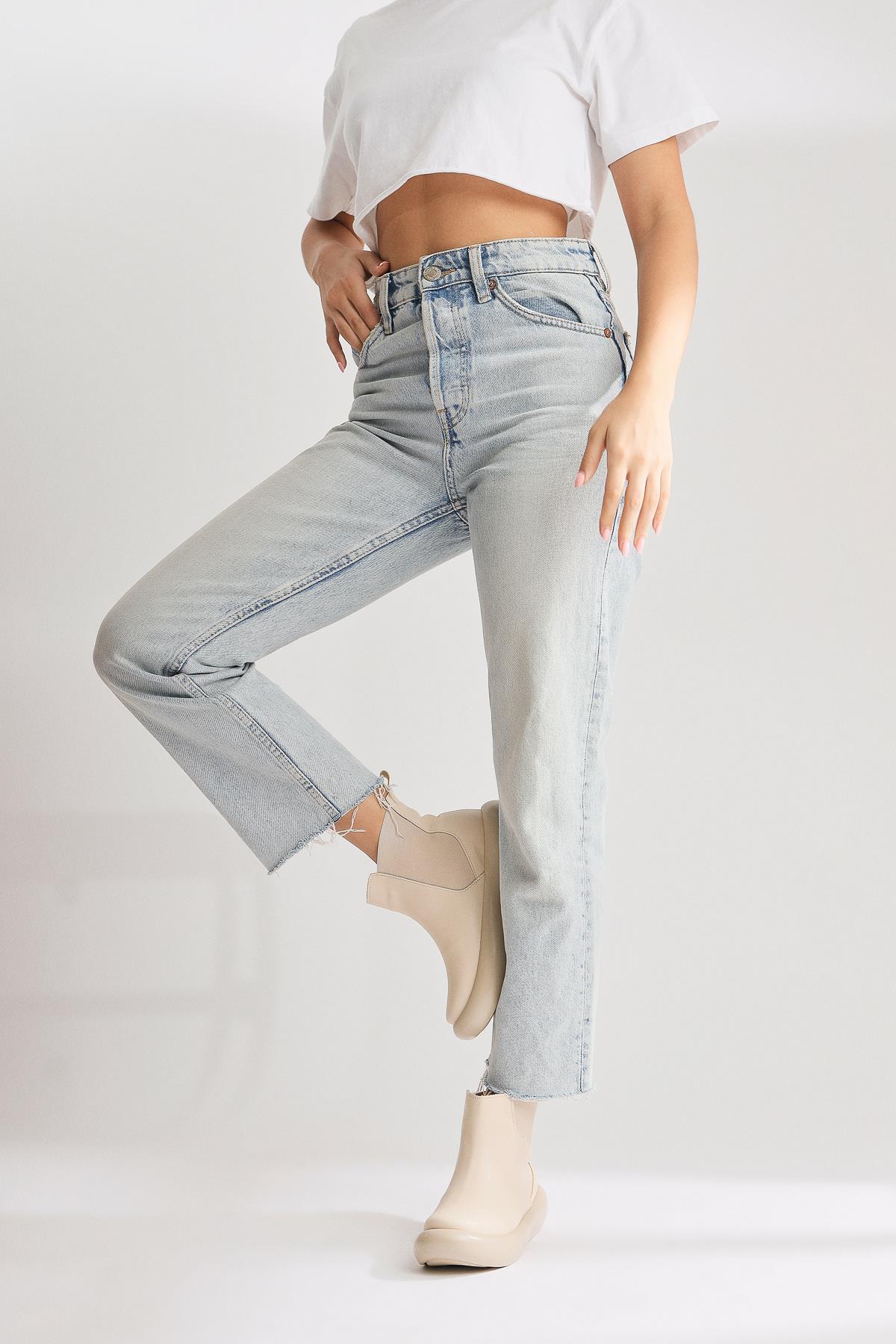 Denim Beige Side Rubber Detailed Bomber Sole Boots