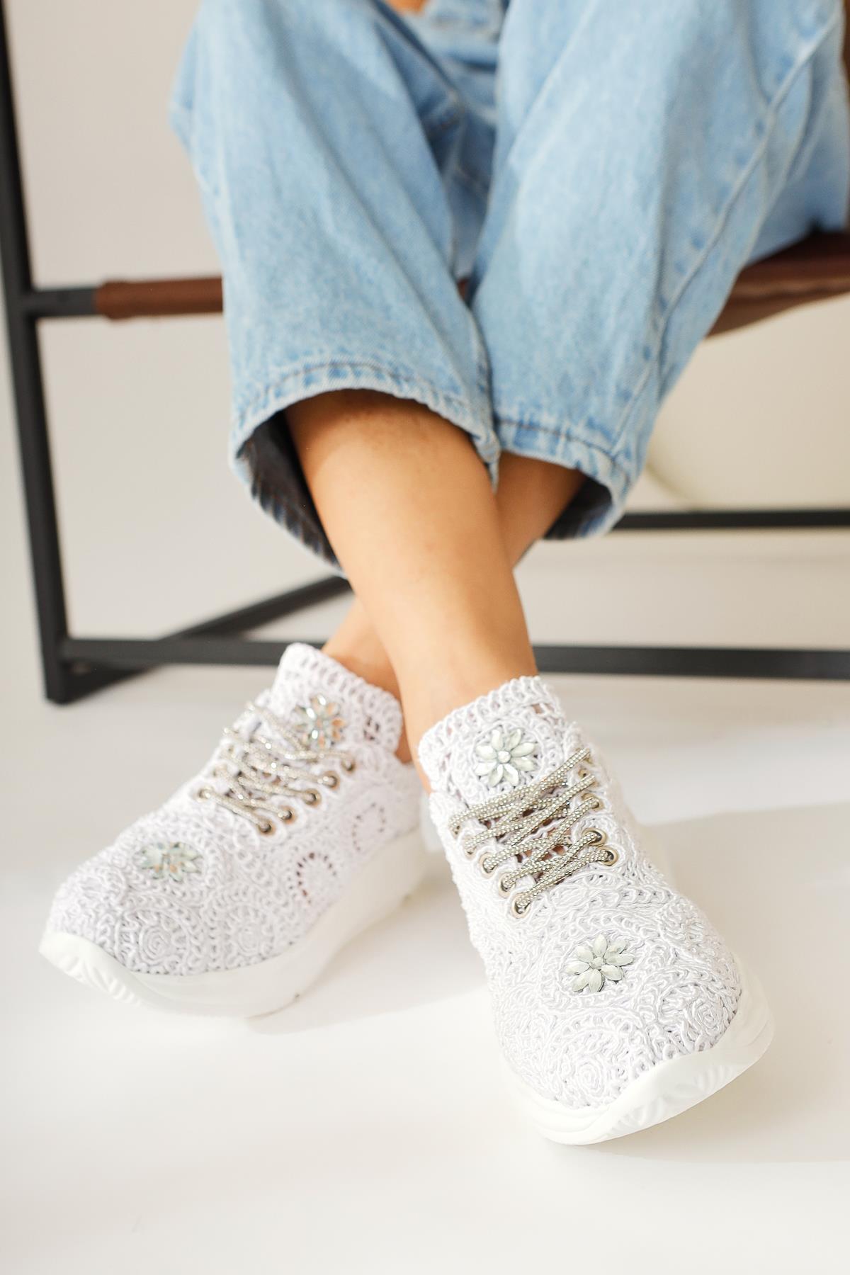Matty White Stone Detailed Knitted Sneakers