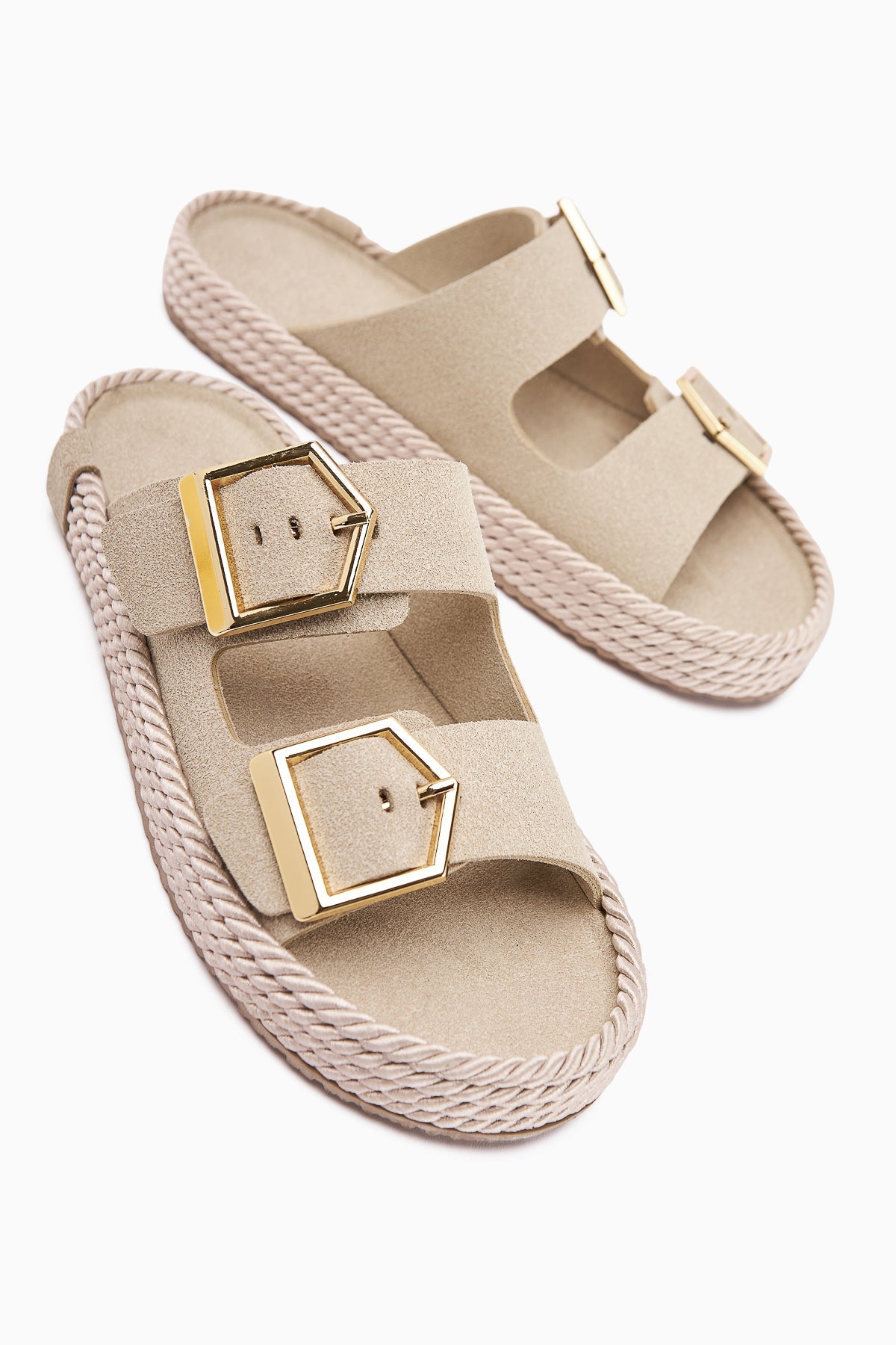 Horia Women's Double-Strap Woven Sole Slippers in Beige