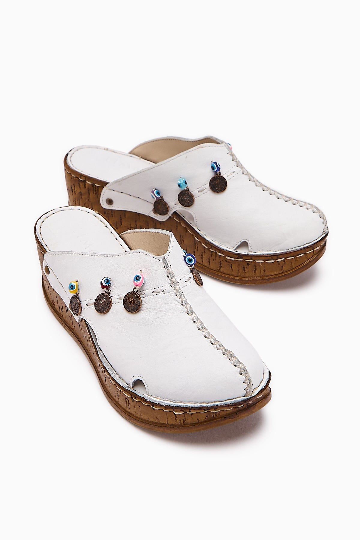 Annika Genuine Leather White Antique Detailed Wedge Mule Slippers