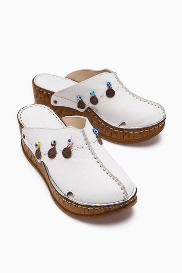 Annika Genuine Leather White Antique Detailed Wedge Mule Slippers