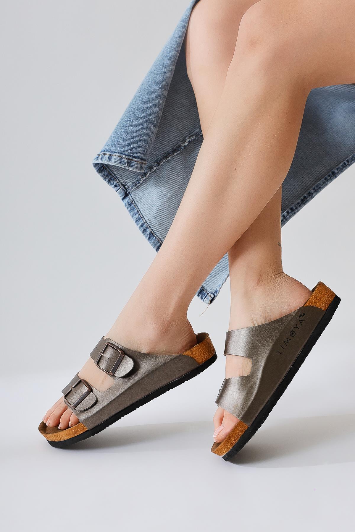 Genuine Leather Beti Platinum Double-Strap Slippers