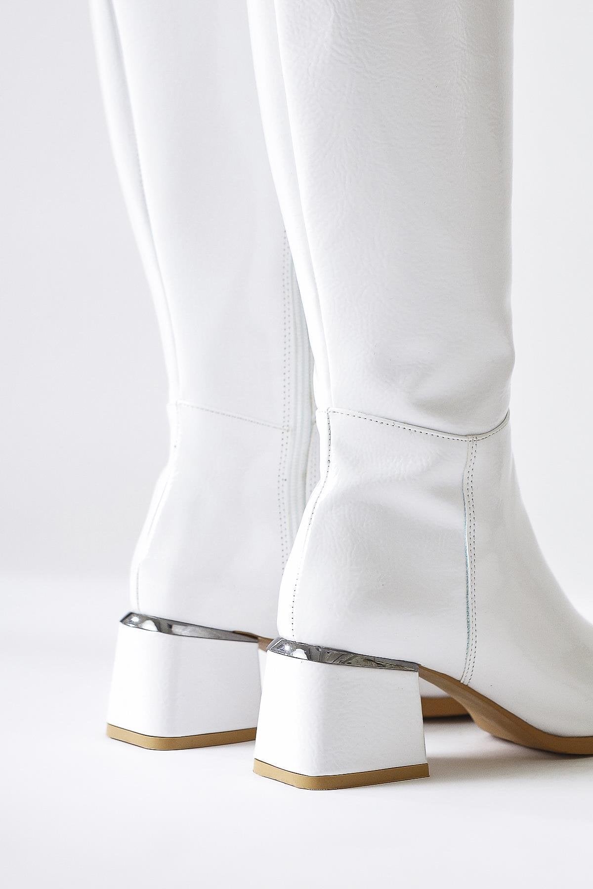 Miami White Crinkle Patent Leather Flat Toe Boots