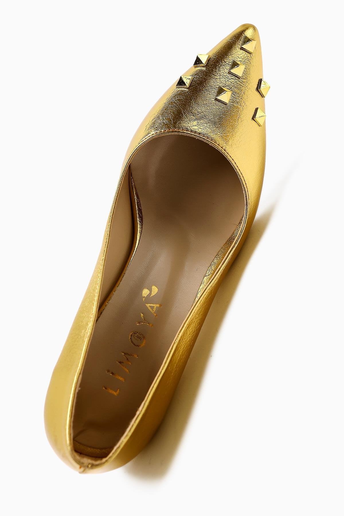 Anni Gold Shiny Wrinkled Patent Leather Pyramidal Studded Heeled Women's Shoes