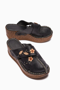 Echtes Leder Alto Schwarz Wedge Pantoletten mit Vintage-Sohle Comfort Pantoletten