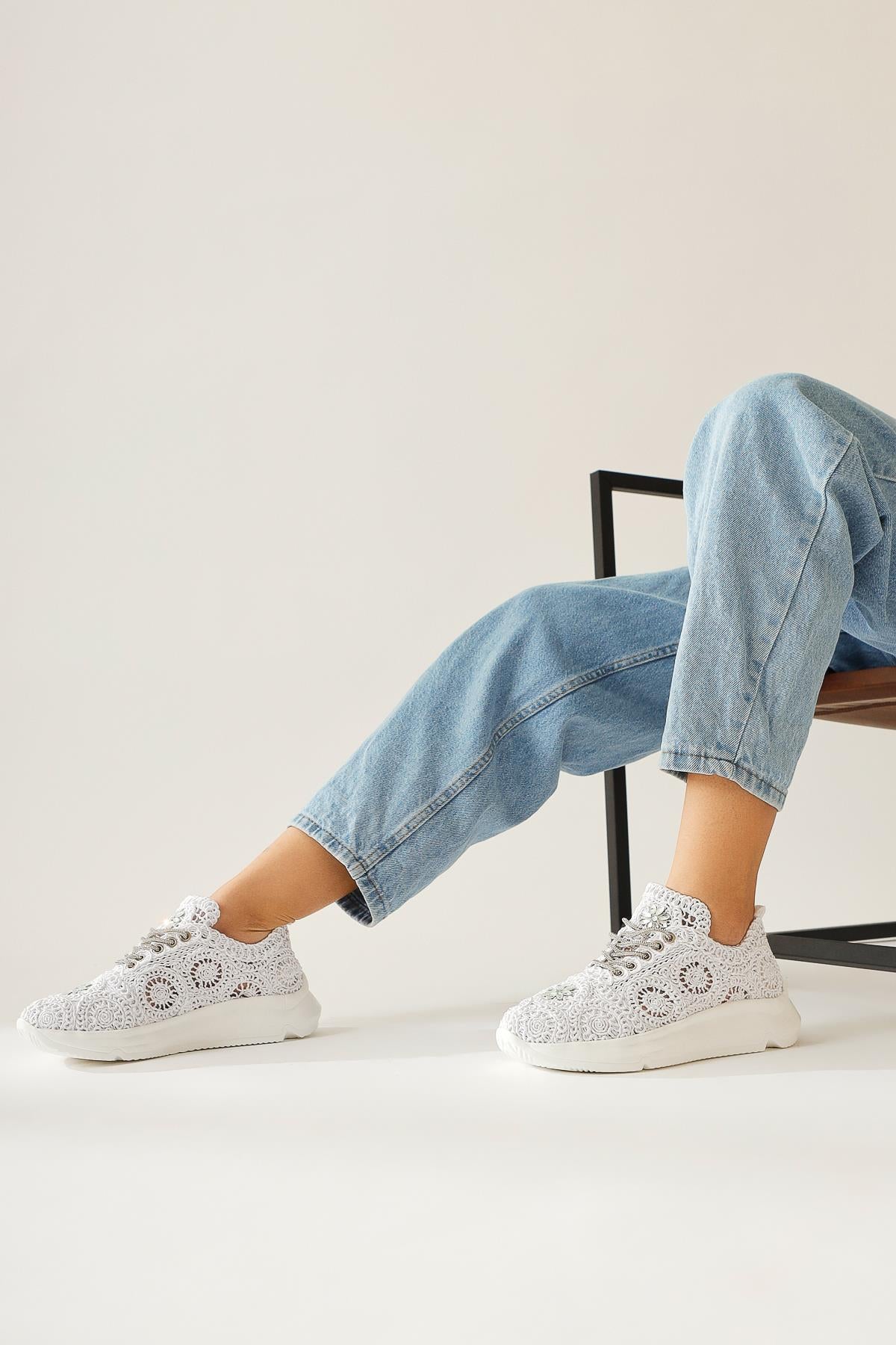 Matty White Stone Detailed Knitted Sneakers
