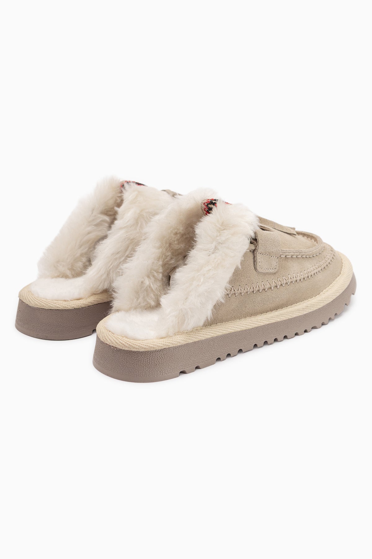 Tisha Echtes Leder Beige Wildleder Fell Detail Damen Pantoletten