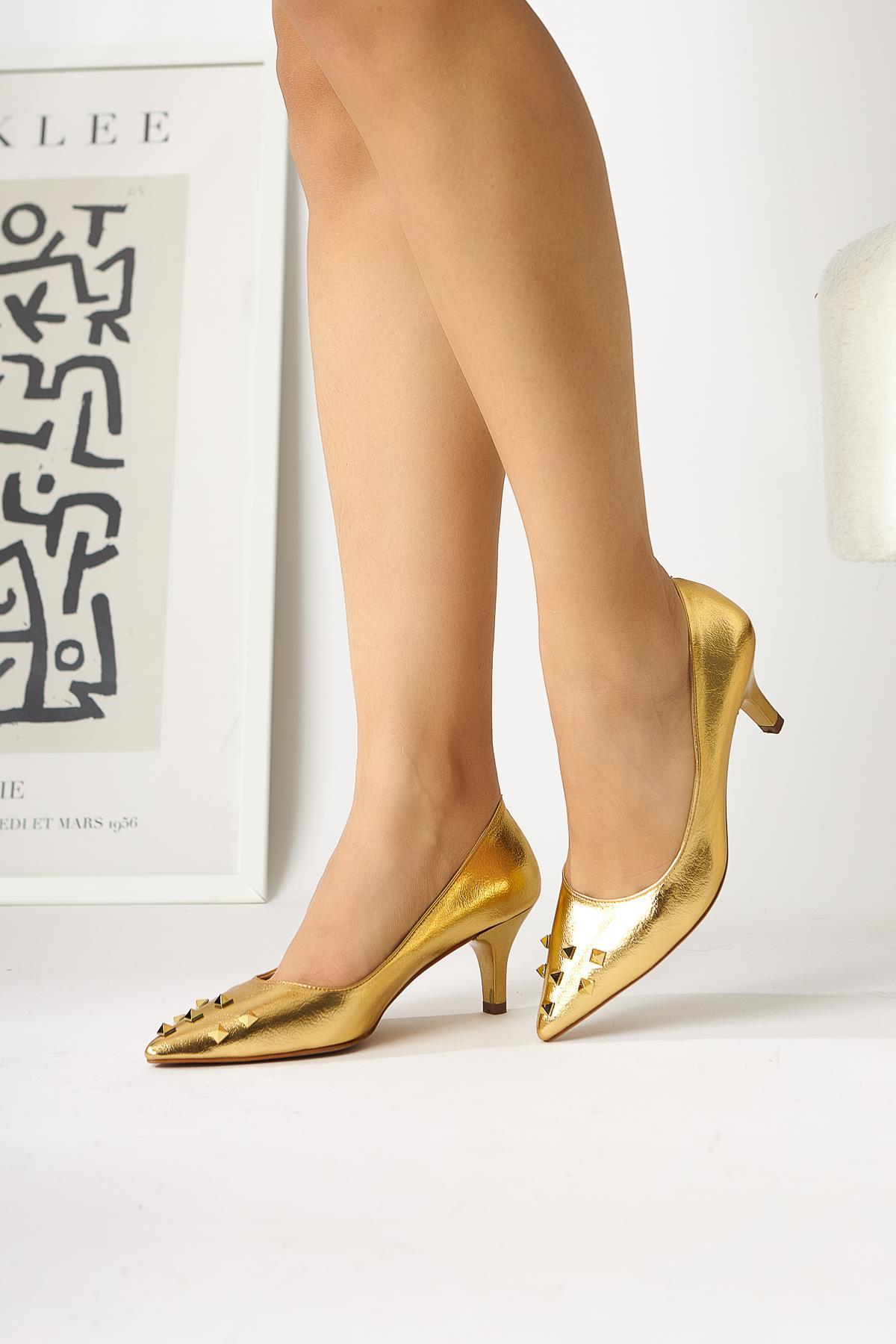 Anni Gold Shiny Wrinkled Patent Leather Pyramidal Studded Heeled Women's Shoes