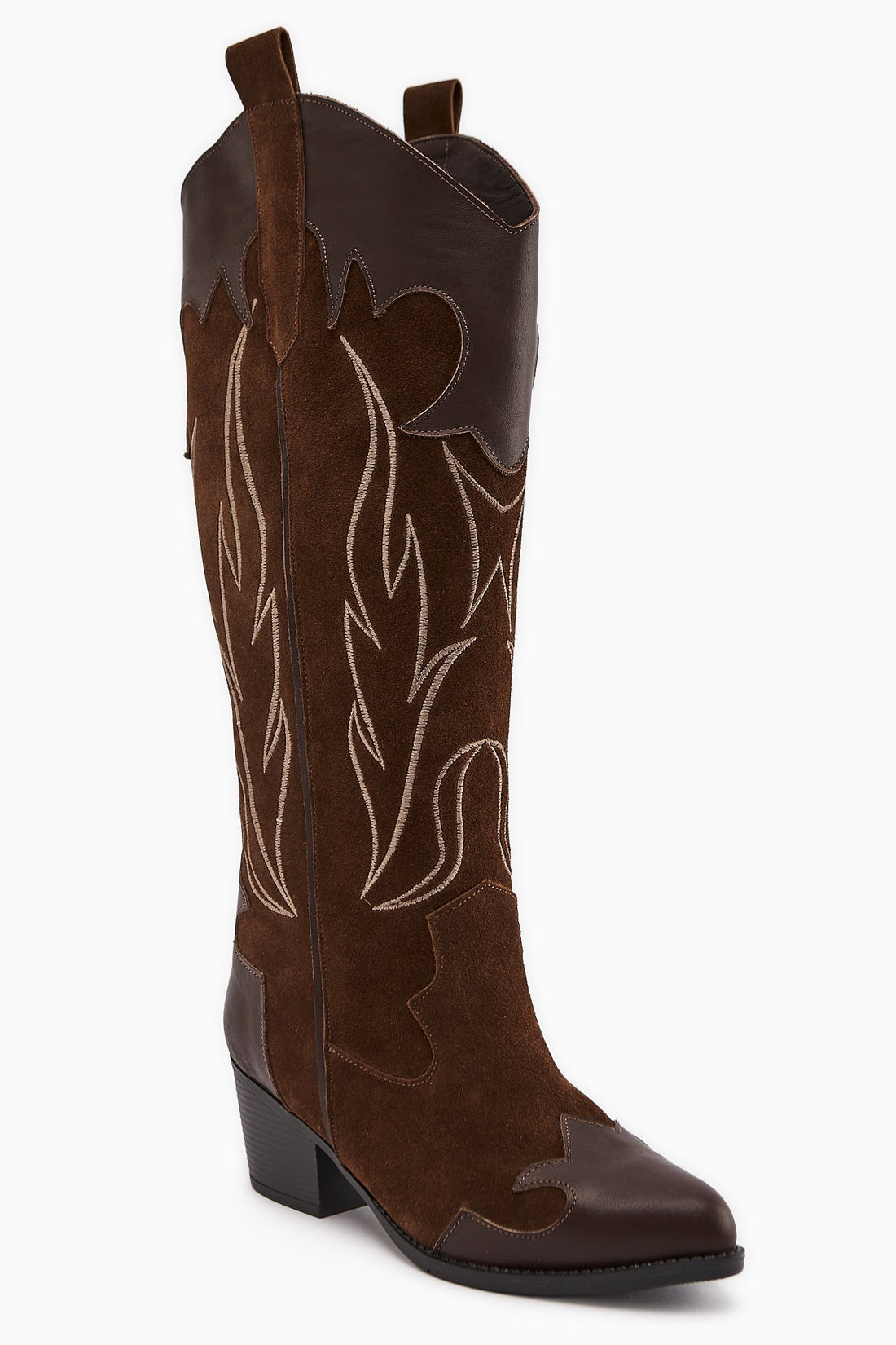 Lara Genuine Brown Suede Embroidered Leather Detailed Heeled Western Boots